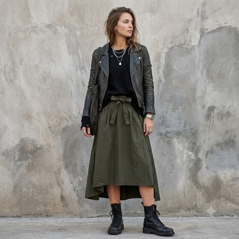 Who What Wear Midi Skirt Women Olive Green 10 Hi-Lo Hem Tie Waist Cotton Blend‎